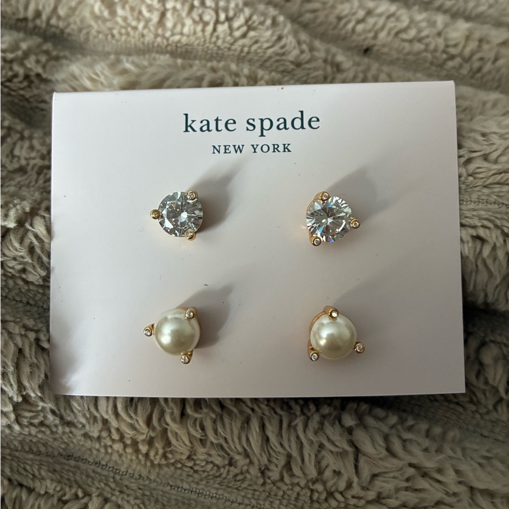 BNIB Kate Spade Rise and Shine 2 Stud Earrings Set Cubic Zirconia and Pearls